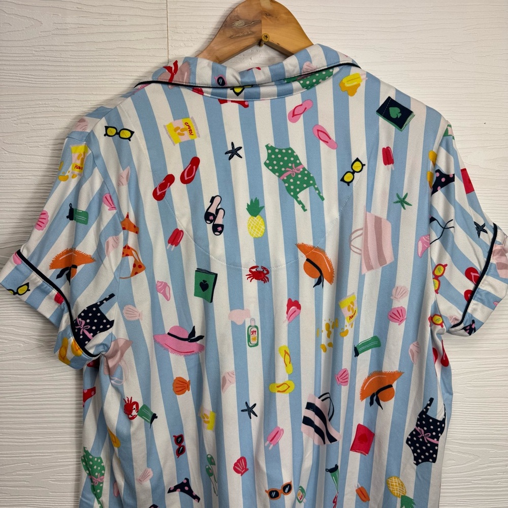 Kate Spade Colorful Summer Beach Printed Striped Button-Up Pajama Set Large - Picture 7 of 9